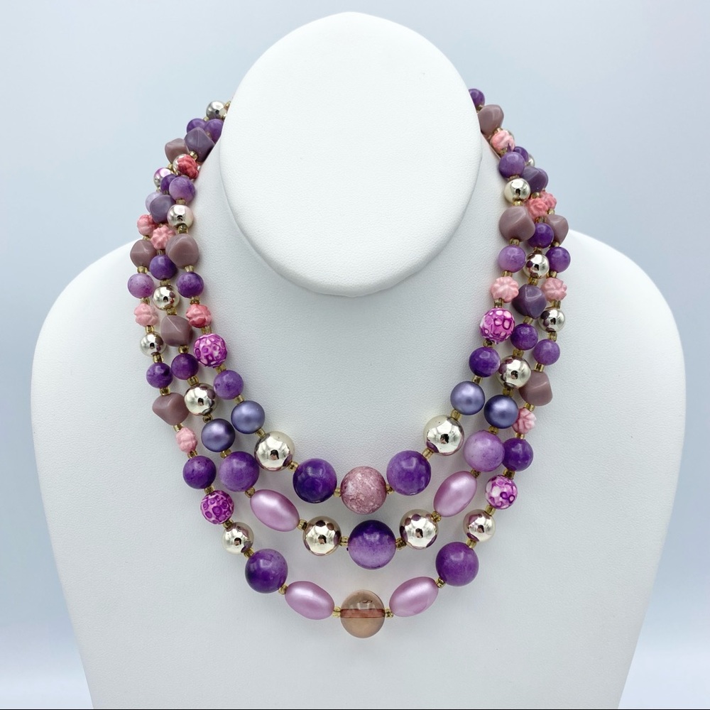 Vintage Purple Silver Tone Flower Beaded Multi Strand Collar Statement Necklace